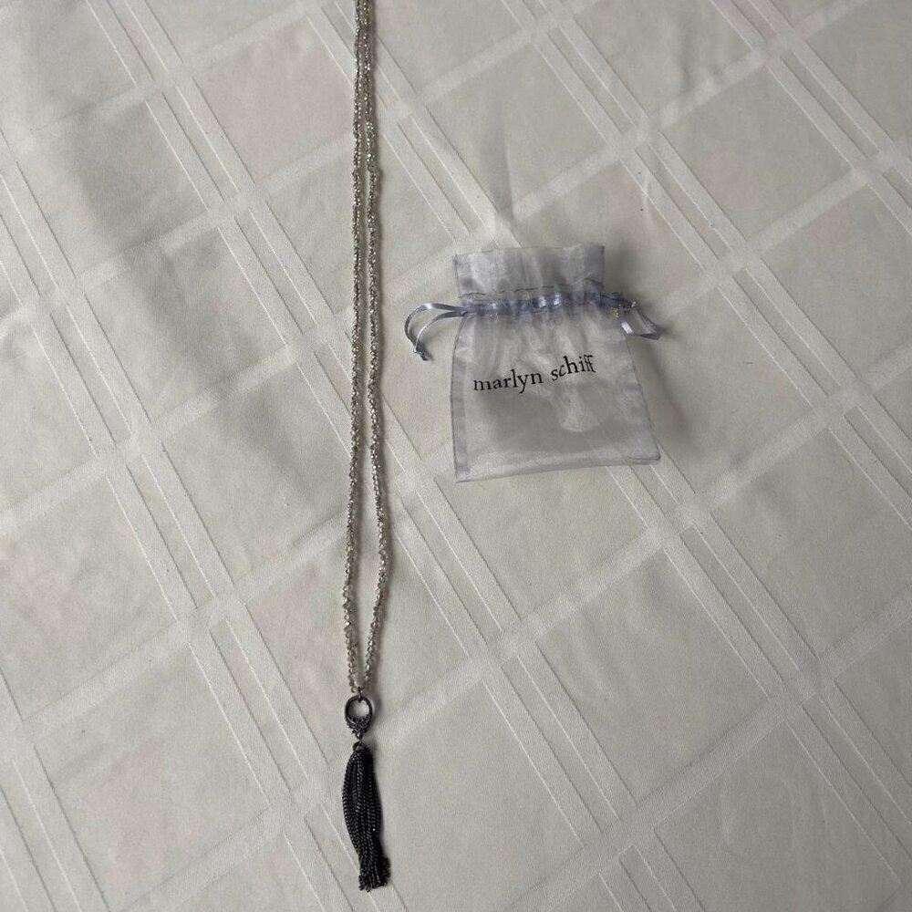 Marlyn Schiff Silver Beaded Tassel Necklace Gray Chainlink Statement OS